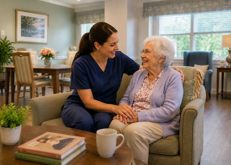 Caring staff with resident at The Waters of Georgetown